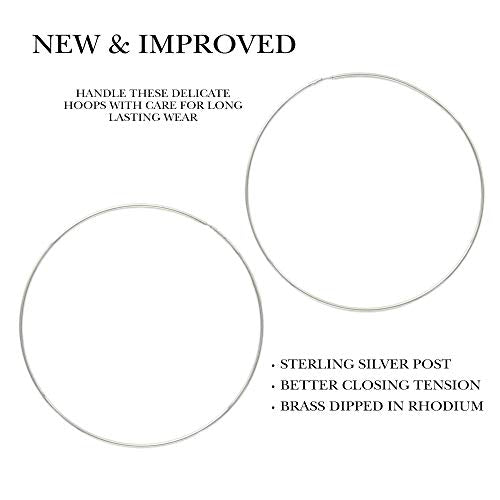 Columbus 14K Gold or Rhodium Dipped Endless Hoops with Sterling Silver Posts - Wire Thin Plated Infinity Hoop Earrings with 925 Post - 40, 50, 60, 70, 80 mm - color: Silver