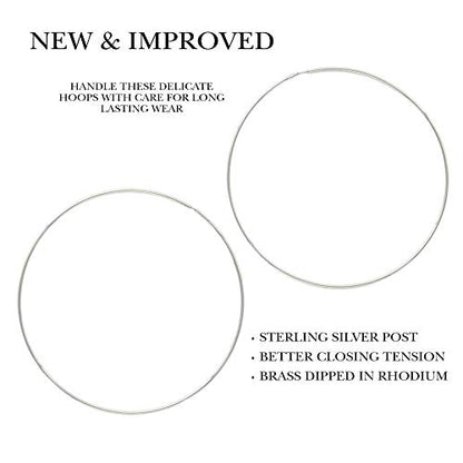 Columbus 14K Gold or Rhodium Dipped Endless Hoops with Sterling Silver Posts - Wire Thin Plated Infinity Hoop Earrings with 925 Post - 40, 50, 60, 70, 80 mm - color: Silver