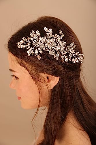 Wedding Silver Flower Leaf Crystal Rhinestone Hair Comb Teardrop Crystal Rhinestone Beads Hair Comb Wedding Hair Accessories for Women Girls