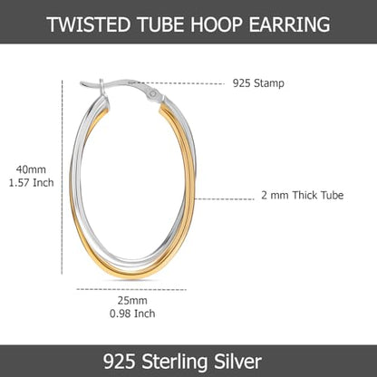 LeCalla 925 Sterling Silver Chunky Hoop Earrings | 14K Two-Tone Three-Tone Hoop Earrings | Intertwining Oval Shape Polished Twisted Hoop Earrings for Women - color: "Large" Two-Tone 40mm