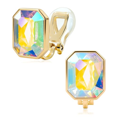 Octagon Austrian Crystal Non Pierced Clip On Earrings for Women | 14K Gold-Plated,Silicone Comfort Pad,Great for Unpierced Ears, Gift Box Included,Brighten Up Daily Outfits - color: Aurora Borealis
