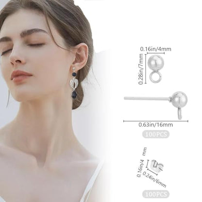 Beebeecraft 100Pcs Stainless Steel Ball Stud Earring Findings 4mm Ball | Non Tarnish, Ball Earrings Posts with Loop, 100Pcs Ear Nut, Metal Earring Components for Jewelry Making - color: Stainless Steel Color