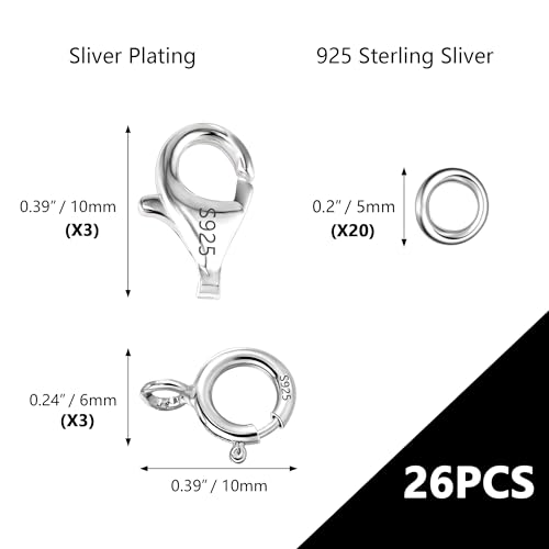 925 Sterling Silver Jewelry Making Lobster Clasps with Open Jump Rings Set | Small Spring Clasps Lobster Claw Jump Rings Necklace Chains Connect Link Repair kit Supplies 925 Jewelry Findings Set - color: 26PcsB