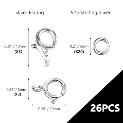 925 Sterling Silver Jewelry Making Lobster Clasps with Open Jump Rings Set | Small Spring Clasps Lobster Claw Jump Rings Necklace Chains Connect Link Repair kit Supplies 925 Jewelry Findings Set - color: 26PcsB