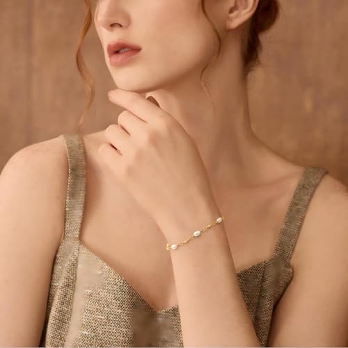 NECOCY 14K Gold Plated Pearl Bracelets for Women, Dainty Bracelets Stack Trendy Pearls Beaded Link Chain Charm Bracelets Set Layered Tiny Wedding Prom Jewelry Gift for Women Mother's Day Graduation - style: Style-11