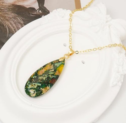 Stone Necklaces for Women Teardrop Gemstone Pendant Necklace Natural Stone Chain Necklaces - color: Yellow Green