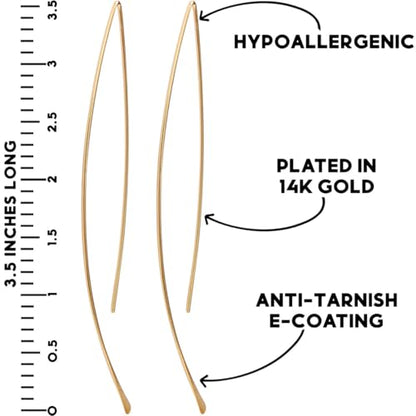 Upside Down Hoop Earrings - Hypoallergenic Lightweight Wire Needle Drop Dangle Threader Hoops for Women, Safe for Sensitive Ears - Plated in 925 Sterling Silver or 18k Gold - color: 3.25" inch - 18k Gold Plated