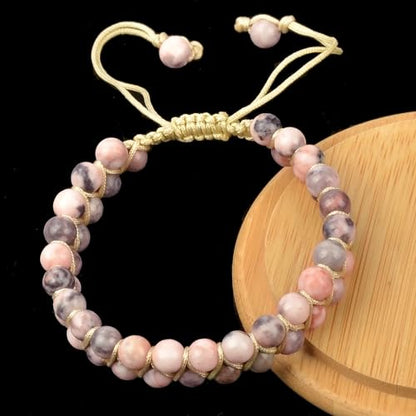 MASSIVE BEADS Double Layer Natural Chakra Healing Power Crystals Macrame Bracelet Yoga Stone Beads Gemstone Meditation Relax Anxiety Bangle for Unisex Women Men - color: Pink Zebra Jasper, size: 4mm