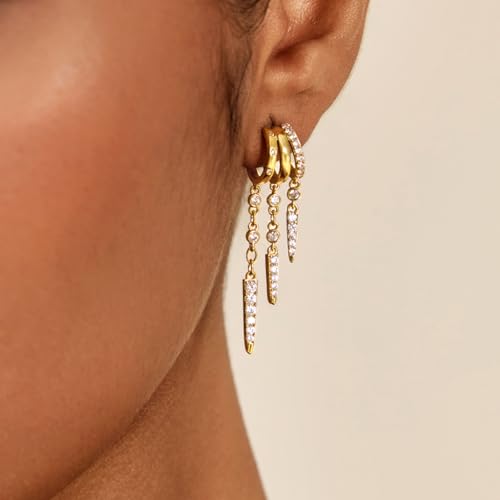 Cicy Bell Gold Earrings For Women 18k Gold Plated Triple Dangle Earrings | Hypoallergenic Drop Huggie Earrings Small Hoop Statement Chain Tassel Earrings Trendy Jewelry Gifts - color: Style E-Gold