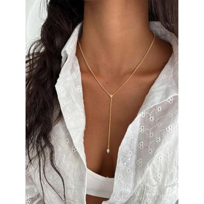 14K Gold Plated Layered Lariat Necklace for Women - Waterproof Non-Tarnish Dainty Gold Chain Necklace, Long Boho Statement Jewelry for Wedding, Prom, Summer Vacation Gifts - color: Two CZ Y Necklace-Gold