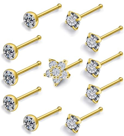 Prjndjw 20G Big Nose Stud Large Nose Studs Surgical Stainless Steel Straight Nose Studs 4mm CZ Paved CZ Nose Rings with 6-CZ Flower Ring for Women Men 11 Pieces - color: 4mm CZ Big 18G Gold-plated Straight Nose Stud