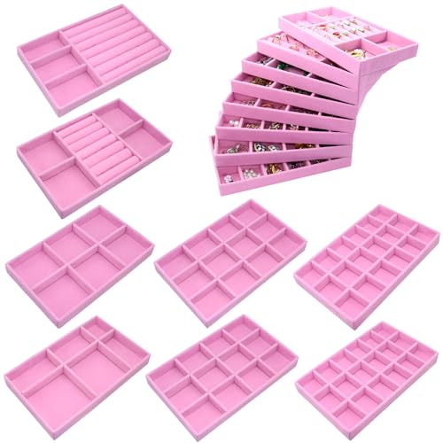 8 Pack Jewelry Organizer Tray Stackable Velvet Jewellry Drawer Inserts Earring Organizer Necklace Rings Bracelet Watch Jewelryy Display Case - color: Pink, size: 8 Pack
