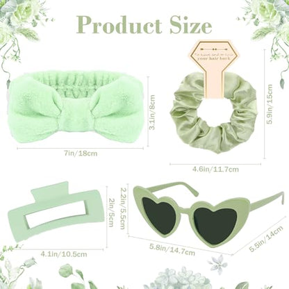 Semato 4 Pcs Green Bridesmaid Proposal Gifts Bridesmaid Spa Headband, Hair Claw Clips, Heart Shaped Sunglasses and Smooth Satin Scrunchies - color: Green
