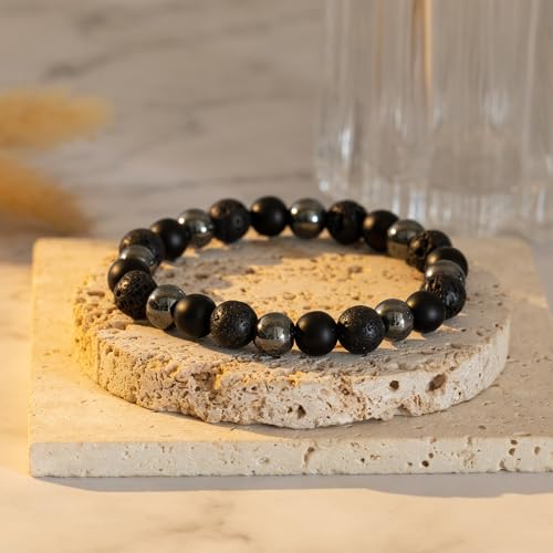 Mens Bead Bracelet Set - Adjustable Elastic Rope With 6&8MM Natural Stone Multi-Colored Beads - Tiger Eye Bracelets for Men - Gift - style: 1,3 Black beads