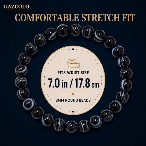 8mm Natural Crystal Stretch Bracelet | Handmade Round Stone Bead Bracelet, Runs Large, Meditation Yoga Gift for Women & Men - color: Black Sardonyx