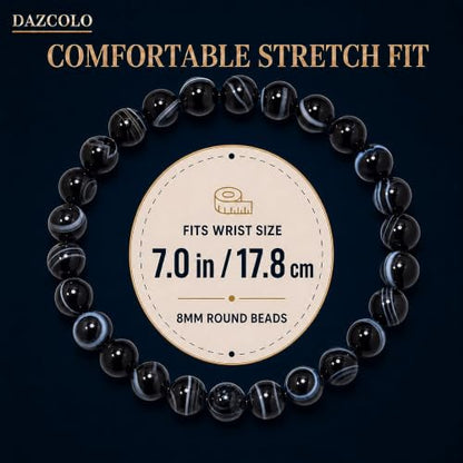 8mm Natural Crystal Stretch Bracelet | Handmade Round Stone Bead Bracelet, Runs Large, Meditation Yoga Gift for Women & Men - color: Black Sardonyx