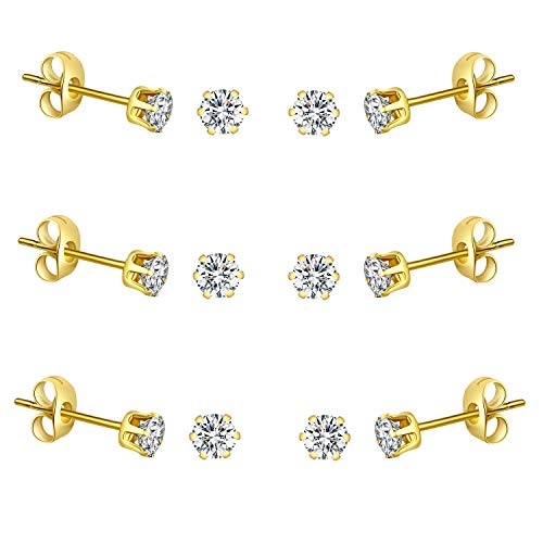 FOSIR 10 Pairs Tiny Womens Surgical Stainless Steel Clear Cubic Zirconia Stud Earrings, Hypoallergenic 316L Earrings Set - style: 4mm-6 pair-Gold