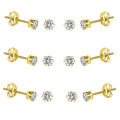 FOSIR 10 Pairs Tiny Womens Surgical Stainless Steel Clear Cubic Zirconia Stud Earrings, Hypoallergenic 316L Earrings Set - style: 4mm-6 pair-Gold