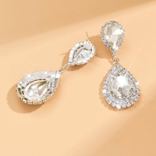 Unicra Silver Rhinestone Teardrop Earrings Crystal Wedding Bridal Dangle Earrings Prom Drop Earrings for Women and Brides - color: Silver