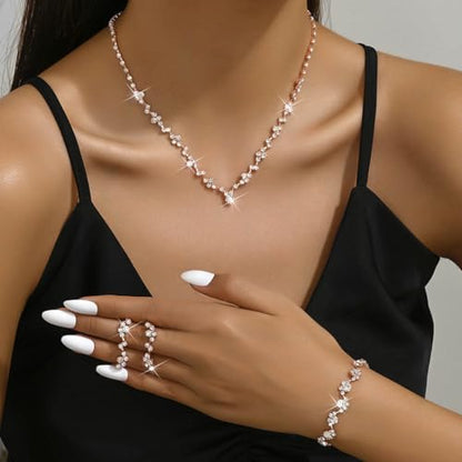 Unicra Bride Crystal Necklace Earrings Set Bridal Wedding Jewelry Sets Rhinestone Choker Necklace Costume Jewelry Set for Women and Brides - color: Rose Gold Necklace Bracelet Earrings