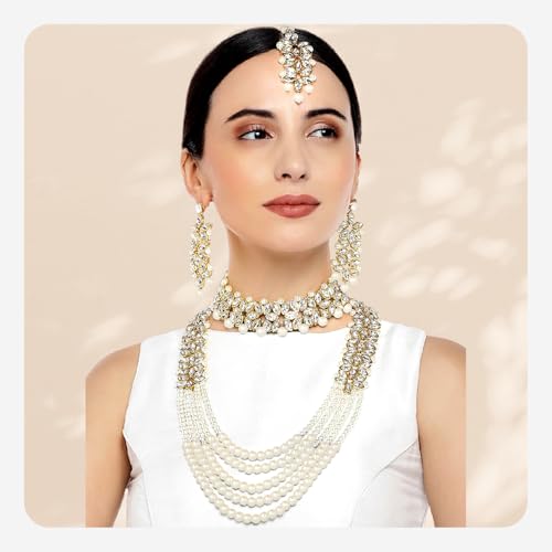 Aheli Wedding Party Wear Bridal Jewellery Choker Long Pearl Necklace Earrings Maang Tikka Indian Traditional Set Gift for Women - color: White