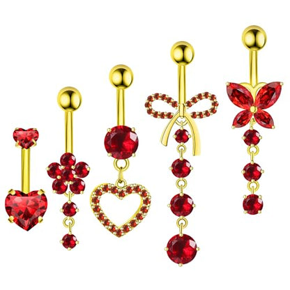 BSJ4U Belly Button Ring Dangle Navel Belly Piercing Jewelry Cute Pink CZ Heart Butterfly Bow Flower Navel Belly Rings for Women 14G Silver Stainless Steel Dainty Dangly Dangling Belly Button Piercing - color: Gold Plated Red CZ Belly Button Rings