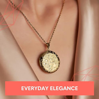 Locket Necklace for Women Girls, 18” Jewelry Chain, Picture Photo Inside, Cadenas para mujer, Personalized Custom Name Gold Locket, Customized Couples Locket, Silver, Rose Gold, Gold - color: Gold, style: 2 Photos + Engraving Necklace