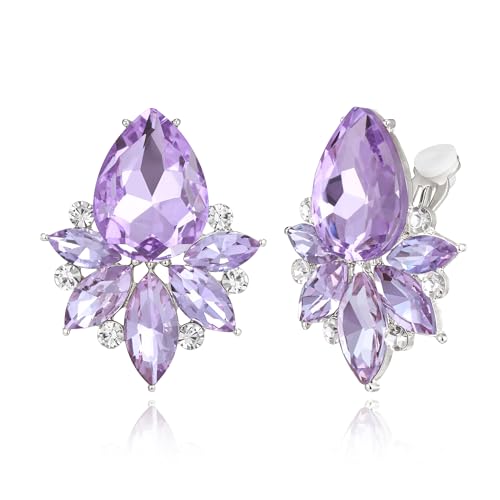 Flyonce Vintage Rhinestone Clip On Stud Earrings, Non-Piercing | Fancy Crystal Cluster, Teardrop Art Deco, Non Pierced, For Wedding Bridal Brides, Formal, Hypoallergenic - color: Light Purple Silver-Tone
