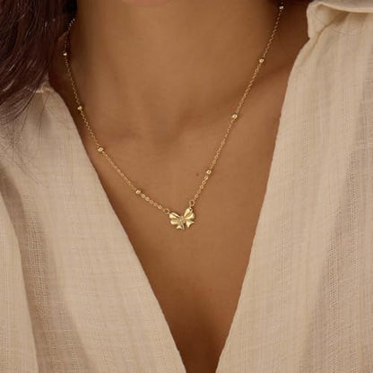 Thaivor Necklace for Women Dainty Bow Necklace 14K Gold Plated Cute Choker Small Pendant Charm Necklaces Teen Gift Trendy Stuff Personalized Jewelry Gifts - color: Gold-Bead-3