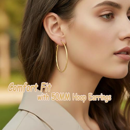 14K Gold/Silver Plated Twisted Hoop Earrings for Women - Sparkly Diamond-Cut Large Hoops with 925 Sterling Silver Post, Lightweight Hypoallergenic Trendy Jewelry Gifts (30mm / 40mm) - size: Gold 50mm