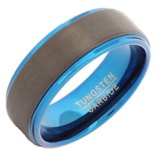 Tungsten Carbide Wedding Bands That Feature Different Finishes and Edge Colors - color: Black/Blue-8mm