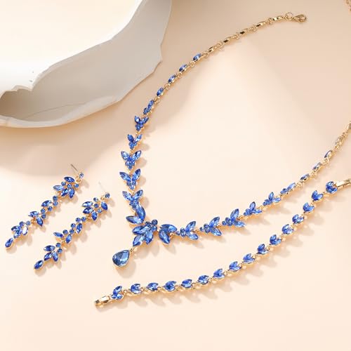 EVER FAITH Marquise Crystal Leaf Bridal Prom Jewelry Set for Women Bride | Rhinestone Wedding Party Necklace Dangle Earrings Tennis Bracelet, for Bridesmaid - color: Light Blue