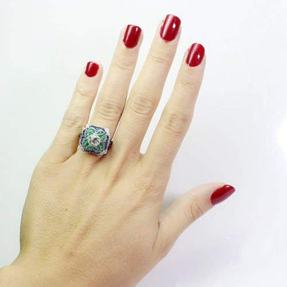 Yuren 925 Sterling Silver Vintage Emerald Ring Blue Sapphire White Topaz Ring Women Wedding Fashion Jewelry Size 6-10