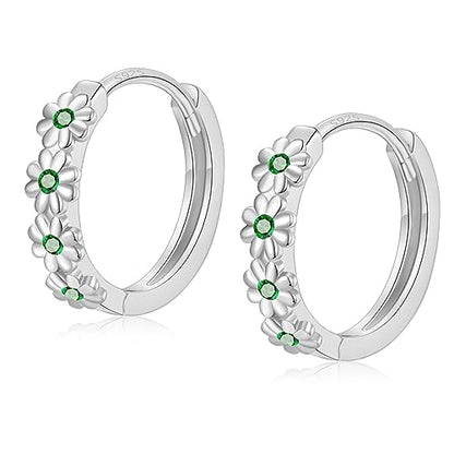 Sterling Silver Hoop Earrings for Women, Dainty Small Huggie Hoop Earrings | Hypoallergenic Daisy Color Cubic Zirconia Flower Hoops Earring Jewellery Gifts for Ladies Birthday Wedding, 12mm Hoop - color: Green