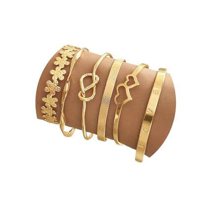 IFKM Gold Bangle Bracelets For Women, 14k Gold Plated Multi Layer Stackable Cuff Bracelet Set, Trendy Elegance Charms Non Tarnish Minimalist Textured Boho Jewelry Gift for Women - style: 6pcs LOVE Flower