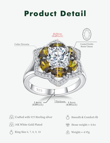Flower Engagement Promise Ring Sterling Silver Birthstone Rings for Women Sapphire/Emerald/Ruby Gemstone Six Leaf Clover Statement Cocktail Ring Size 6 to 10 - style: 08. August-Created Peridot