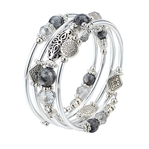 FULU AUTUMN Stackable Beaded Bracelets for Women Boho Wrap Silver Bracelet Layered Fashion Jewelry Gifts for Her - color: Grey