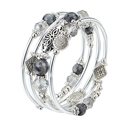 FULU AUTUMN Stackable Beaded Bracelets for Women Boho Wrap Silver Bracelet Layered Fashion Jewelry Gifts for Her - color: Grey