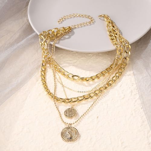 GIGB PBDK Chunky Layered Coin Pendant Necklaces for Women Gold Cuban Link Chain Statement Necklaces Punk Halloween Bachelor Party Holiday Vacation Accessory - color: Gold