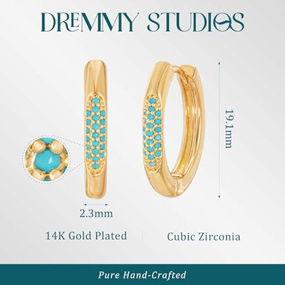 DREMMY STUDIOS Gold Dainty Huggie Hoop Earrings 18K Gold Plated Exquisite Open Tassel Dangle Charm Drop Sleeper Geometric Cross Coin Star Heart White CZ Simple Hypoallergenic Earrings for Women - color: Turquiose Hoops
