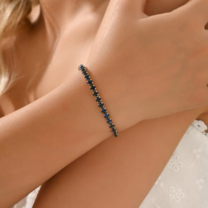 18K Gold Plated Tennis Bracelets for Women, Adjustable Cubic Zirconia Bracelet with Multi-color 4mm CZ Diamond Paperclip Chain, Dainty Trendy Birthday Bridal Jewelry Gifts for Women Daily Party Wear - color: Blue