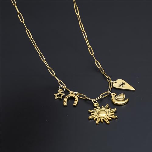 JNF Cute Shell Conch Boho Charm Necklace for Women Sun Moon Star Coin Heart Flower Boot Bow Charms Necklaces Summer Beach Jewelry - color: moon charm sun necklace