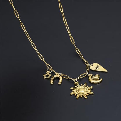 JNF Cute Shell Conch Boho Charm Necklace for Women Sun Moon Star Coin Heart Flower Boot Bow Charms Necklaces Summer Beach Jewelry - color: moon charm sun necklace