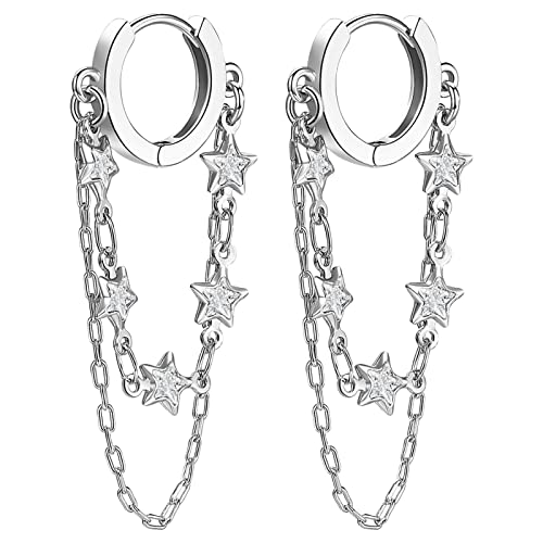 Tassel Chain Small Gold Hoop Dangle Earring For Women Huggie Earring Heart Star CZ 14K Gold Plated Fashion Jewelry Graduation Gift for Her Mothers Day Gifts for Mom - color: Star-Silver