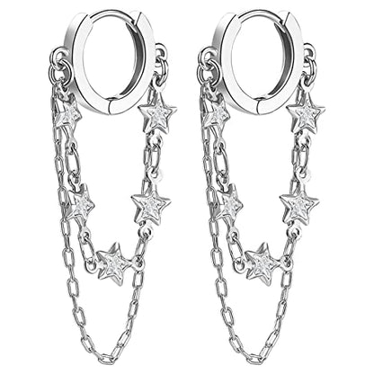 Tassel Chain Small Gold Hoop Dangle Earring For Women Huggie Earring Heart Star CZ 14K Gold Plated Fashion Jewelry Graduation Gift for Her Mothers Day Gifts for Mom - color: Star-Silver