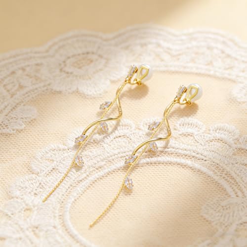 ASOQOLA Clip on Earrings Non Pierced for Women Long Dangle Drop Clip Earrings - Cubic Zirconia Leaf Earrings for Women Wedding Party Prom Jewelry Gifts - color: gold