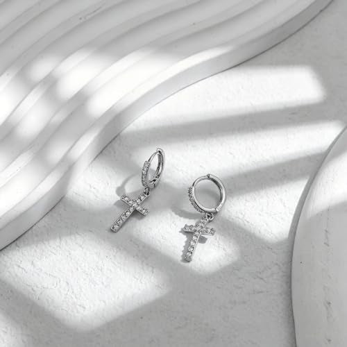 NEWITIN CZ Cross Earrings for Men Women 14K Gold Plated Huggie Hoop Earring | Hypoallergenic, 5A+ Cubic Zirconia, Cartilage Earring, Sensitive Ears, Silver Gold, Men Hoops Dangling, Cross Diamond Earring - color: Silver B