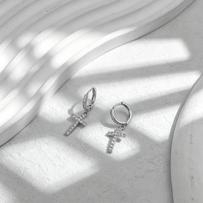 NEWITIN CZ Cross Earrings for Men Women 14K Gold Plated Huggie Hoop Earring | Hypoallergenic, 5A+ Cubic Zirconia, Cartilage Earring, Sensitive Ears, Silver Gold, Men Hoops Dangling, Cross Diamond Earring - color: Silver B