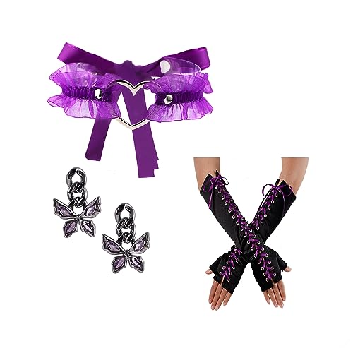 Eigso Velvet Gothic Garter for Women Heart Leg Ring with Rivets Elastic Lace Bracelets Choker Set - color: Purple - A1