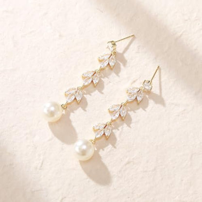 Crysdue Simulated Pearl Earrings for Women, Dainty Silver/Gold/Rose Gold Plated Cubic Zirconia Drop Dangle Earrings Wedding Jewelry for Bride Bridesmaid - style: D_CZ+pearl, silver